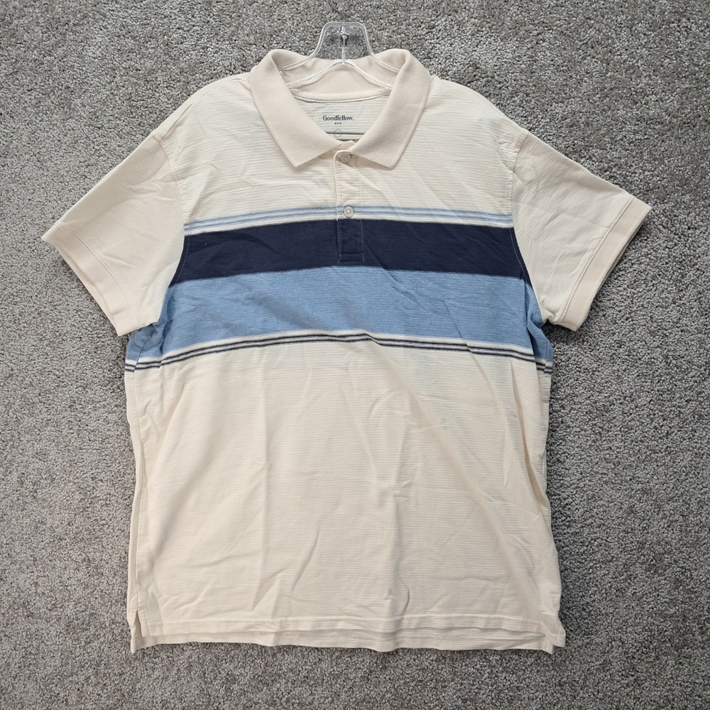 Goodfellow & Co Mens XL Polo Shirt Cream Navy Blue Striped Short Sleeve Cotton